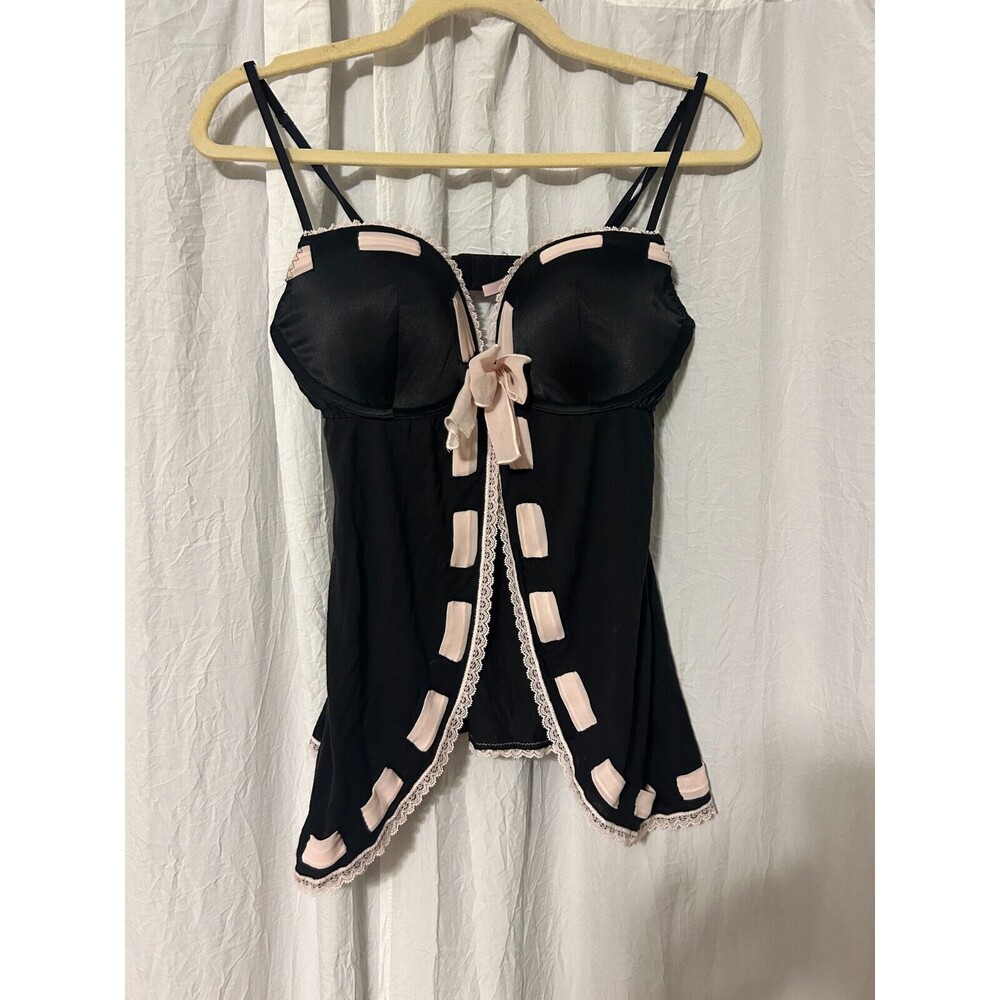 Victoria's Secret Sexy Little Things Black Pink Lingerie Babydoll Bows 36D Open